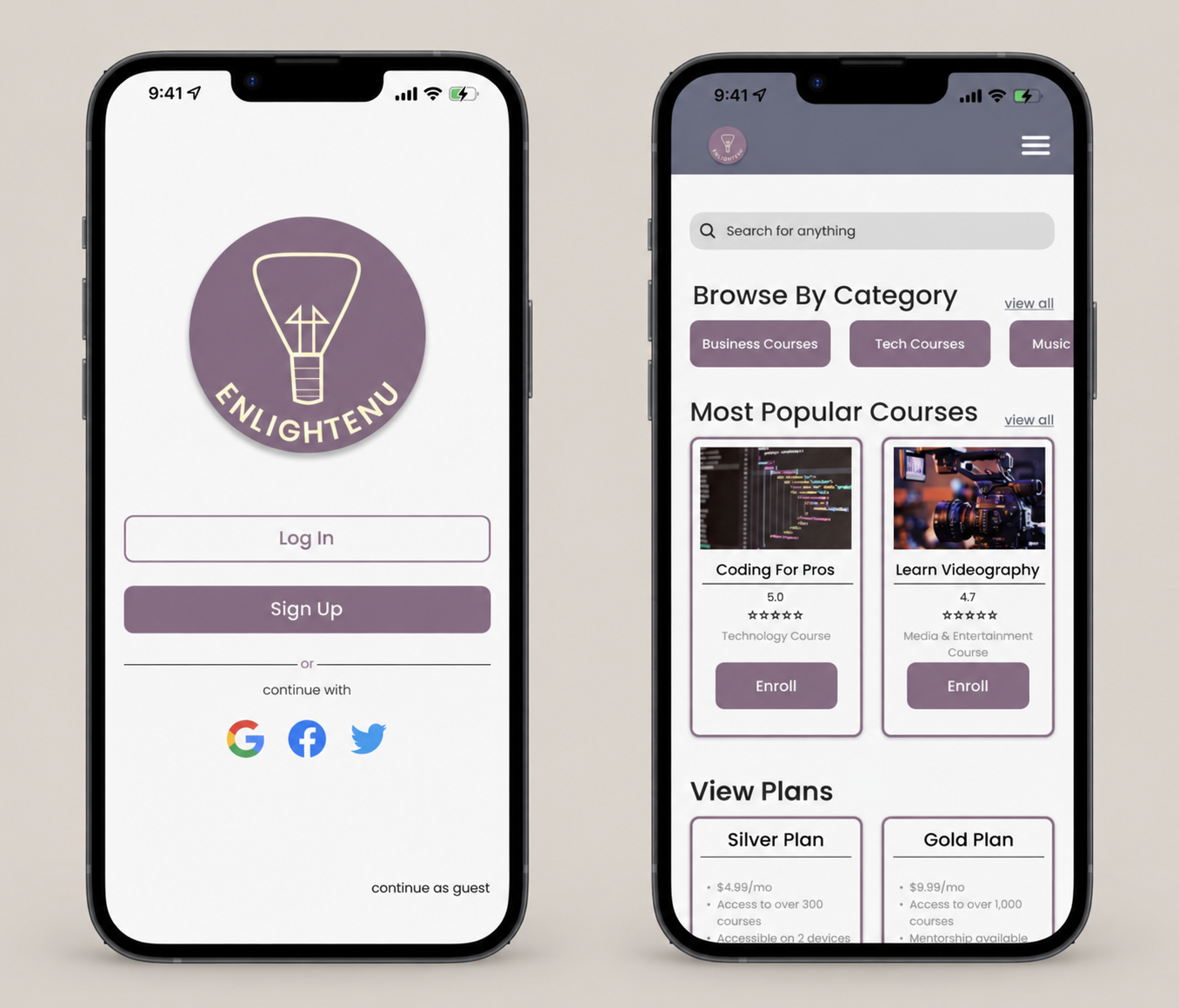 EnlightenU online learning app shown on two phones