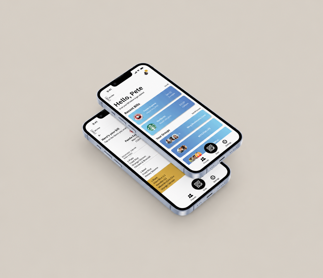 SPLTPAY mobile app screens shown on two phones